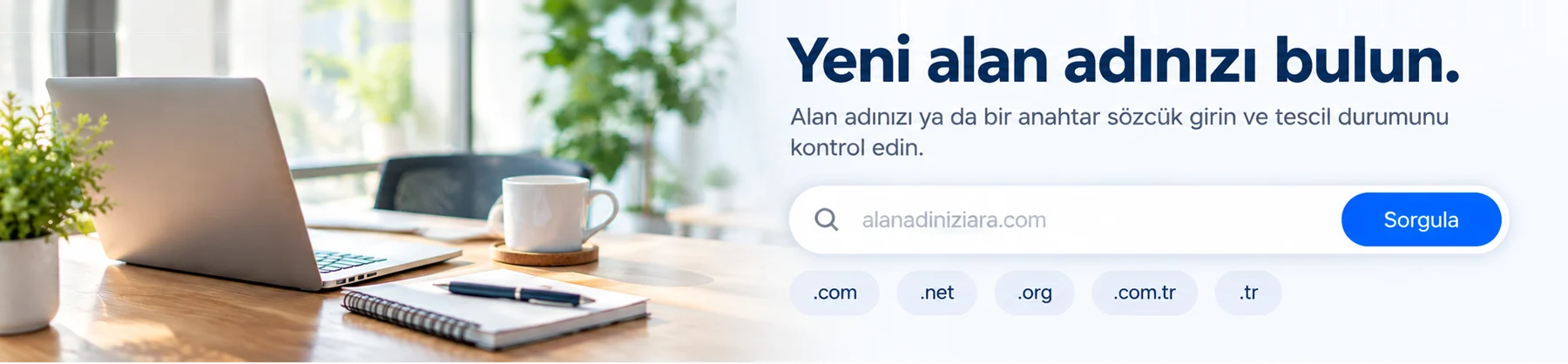 Yeni alan adınızı bulun. Alan adınızı ya da bir anahtar sözcük girin ve tescil durumunu kontrol edin.