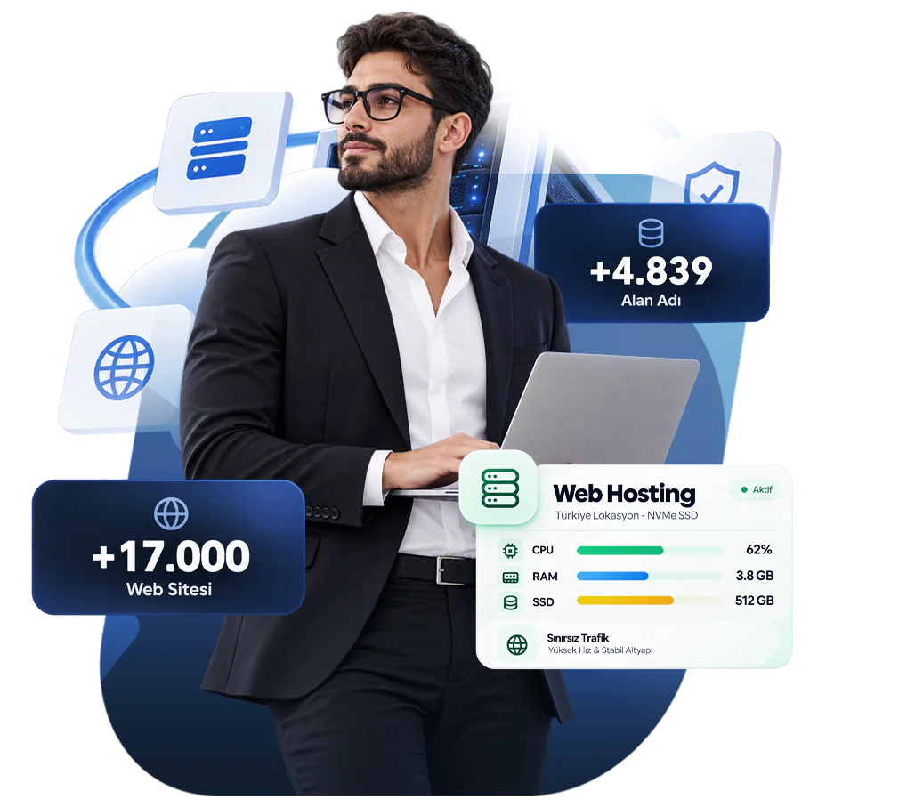 Web hosting paneli ve hizmet sayılarıyla dizüstü bilgisayarında çalışan bir iş insanı